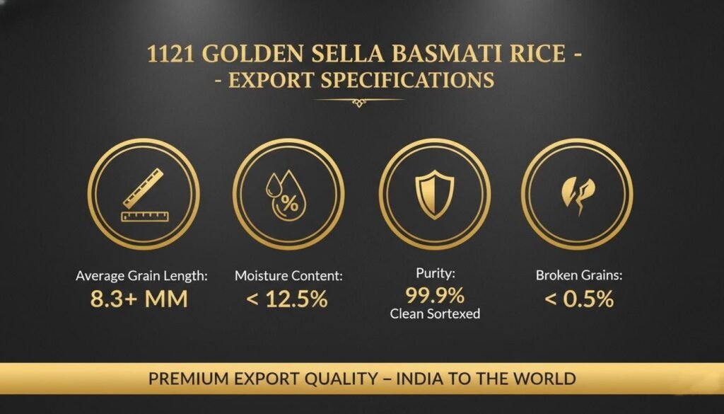 Infographic showing specifications of 1121 Golden Sella rice
