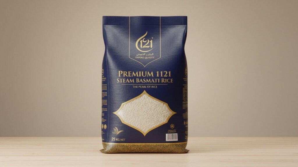 Premium export packaging bag for 1121 Steam Basmati Rice designed for UAE and international markets