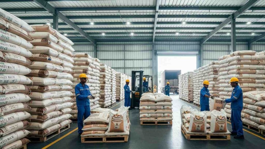 Export warehouse with packaged 1121 White Sella Basmati Rice bags ready for shipment