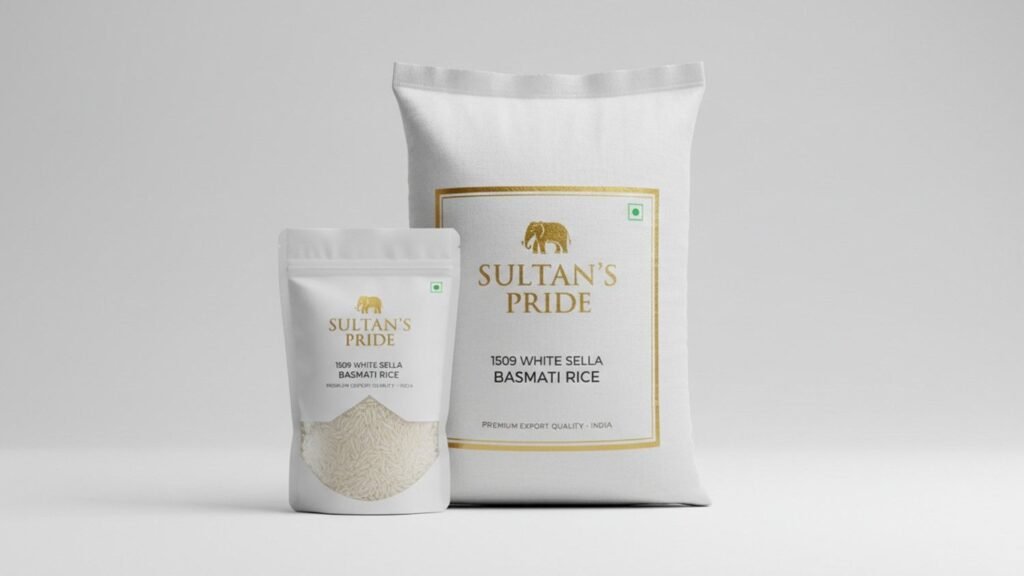 Premium export packaging mockup for 1509 White Sella Basmati Rice