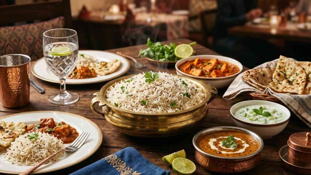 Restaurant style Zeera Rice served with Indian curry and aromatic spices