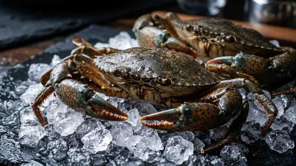 Premium export quality fresh Indian crabs displayed on ice for seafood buyers