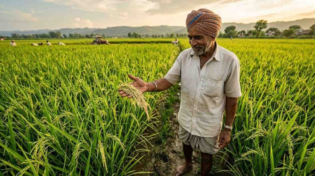 Indian farmer inspecting export quality basmati rice crop for Saudi Arabia export market