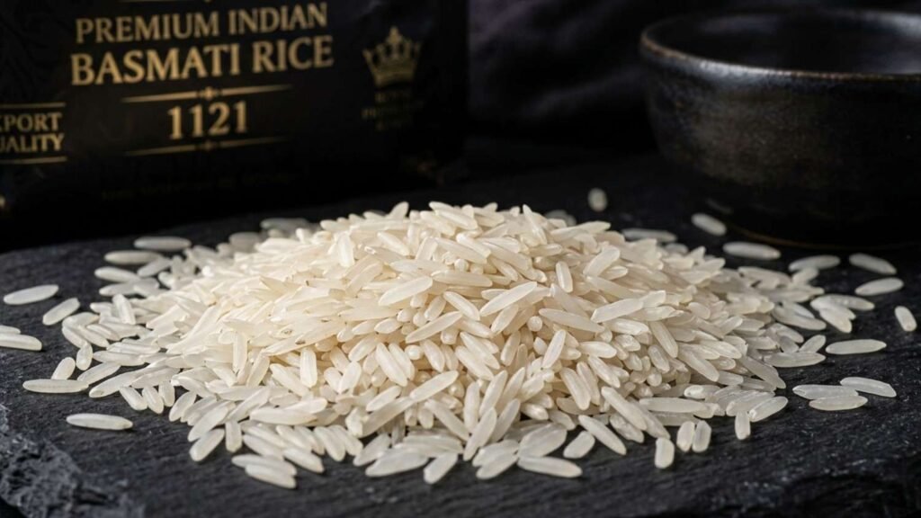 Close up of premium export quality long grain Indian basmati rice