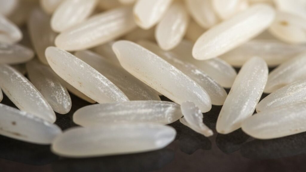 Macro close-up of extra long 1401 Steam Basmati Rice grains