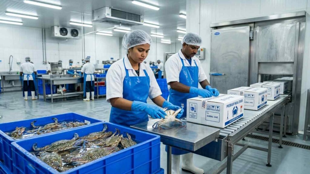 Professional crab processing and packaging for international seafood export from India