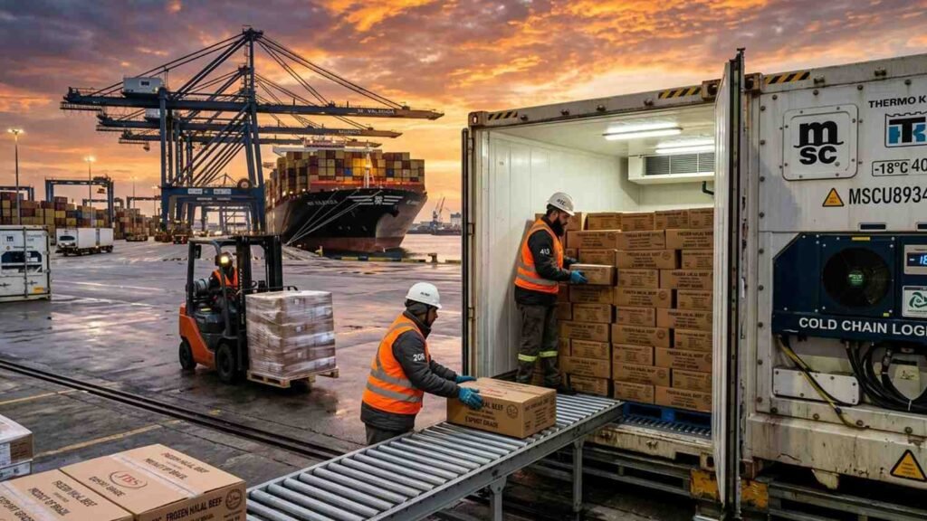 Frozen halal beef export logistics and refrigerated shipping containers