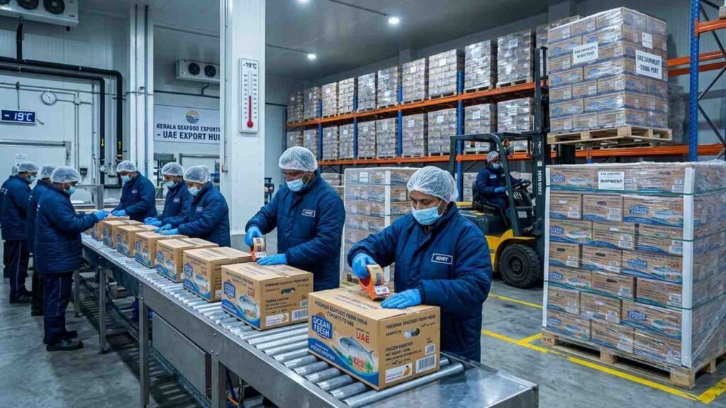 Frozen fish export cartons prepared for shipment from India to UAE