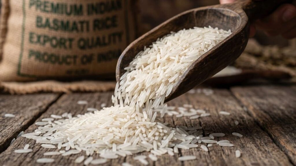 Close-up view of premium export quality Indian basmati rice grains for Qatar import market