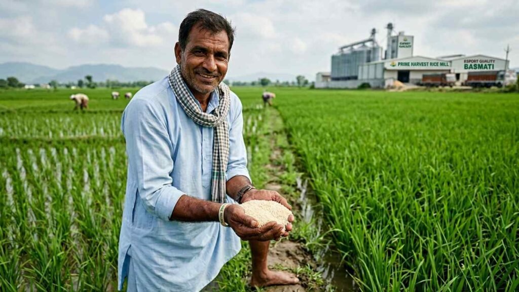 Indian farmer inspecting export quality basmati rice for UAE food market