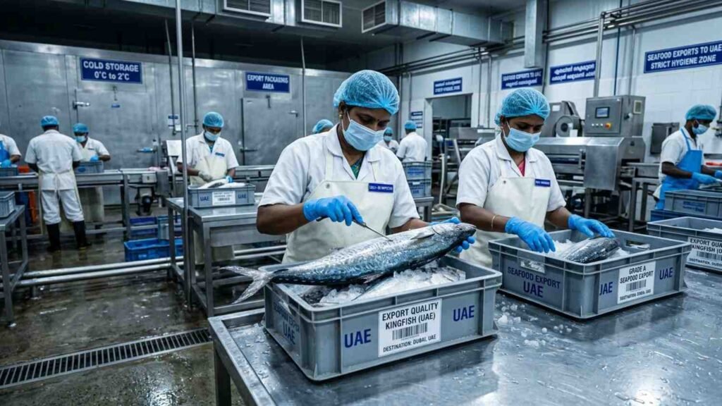 Indian seafood workers inspecting export quality fish for UAE market