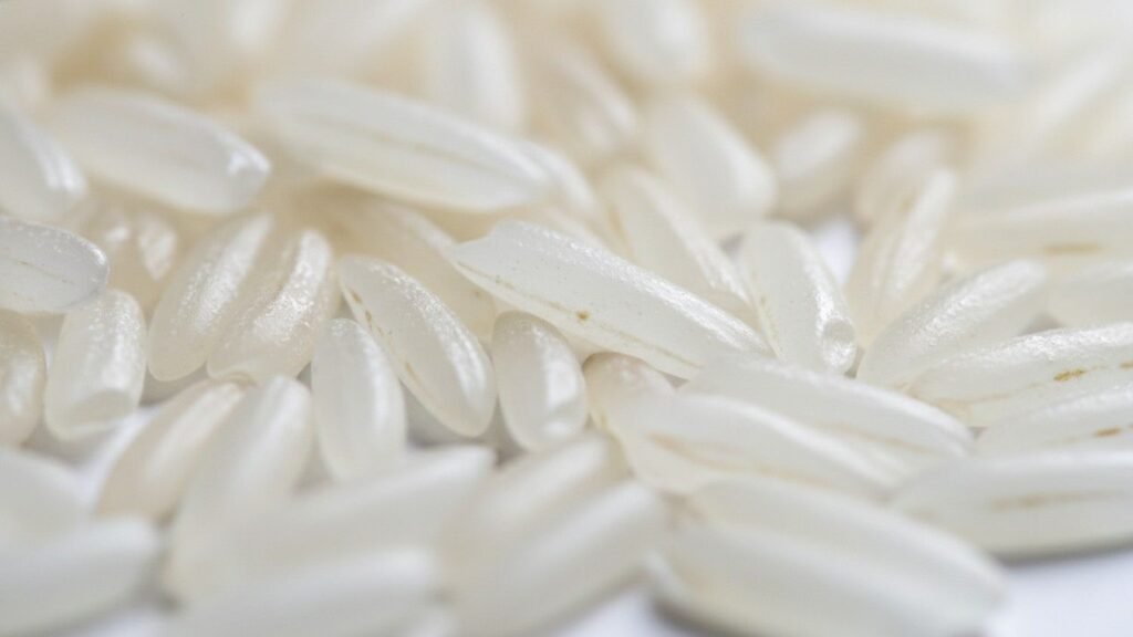 Macro close-up of extra-long 1509 White Sella Basmati Rice grains