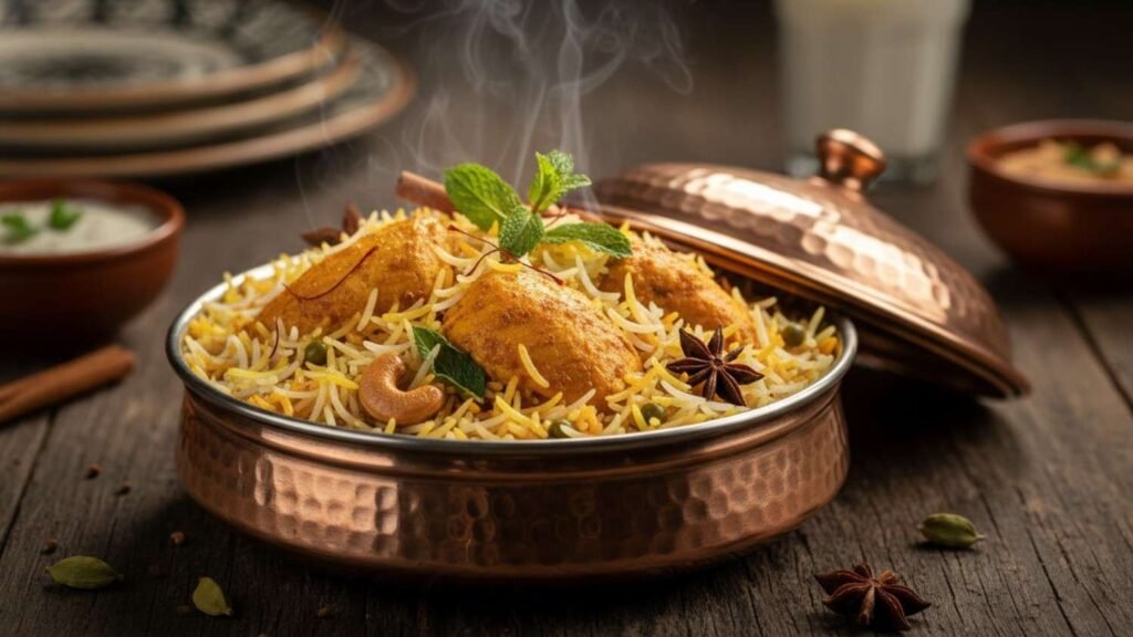 Royal biryani made with 1509 Golden Sella Basmati Rice and long golden grains