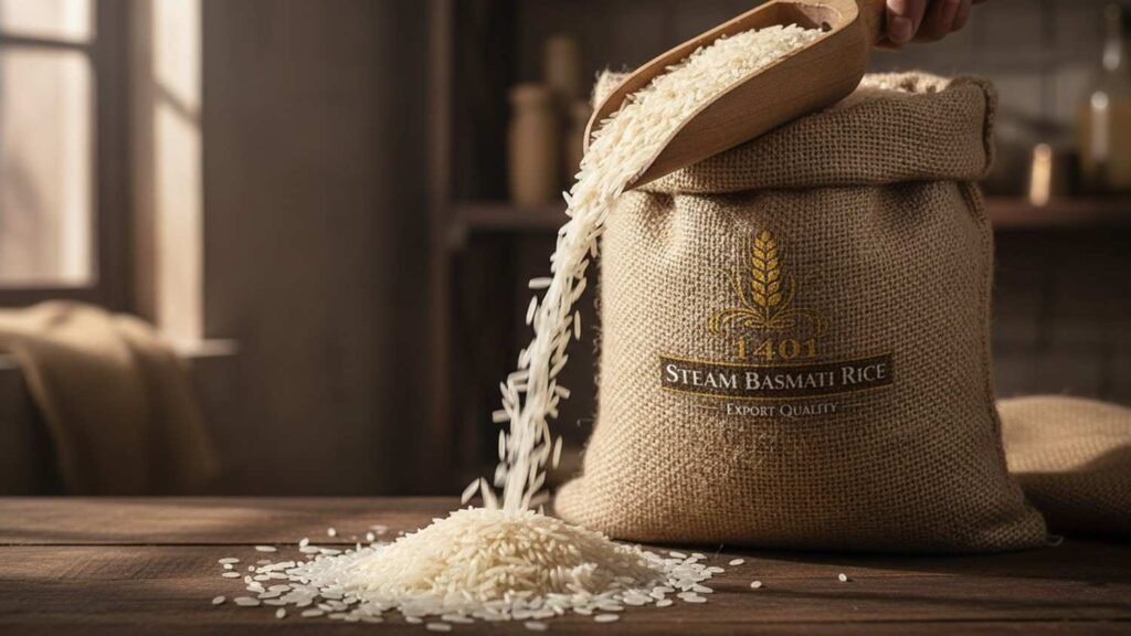 1401 Steam Basmati Rice grains flowing from wooden scoop beside rice sack