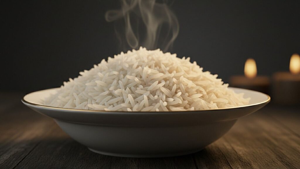 Freshly cooked 1121 Steam Basmati Rice with fluffy separate long grains served in elegant bowl
