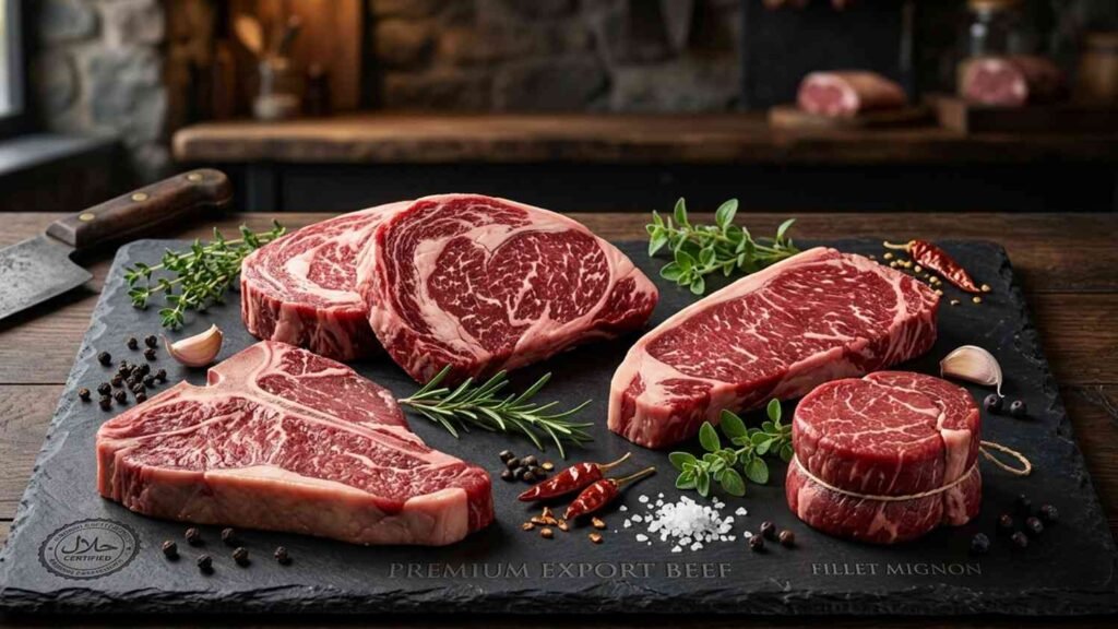 Premium fresh halal beef cuts prepared for export to Gulf countries