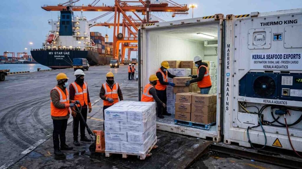 Refrigerated seafood containers transporting Indian fish exports to UAE